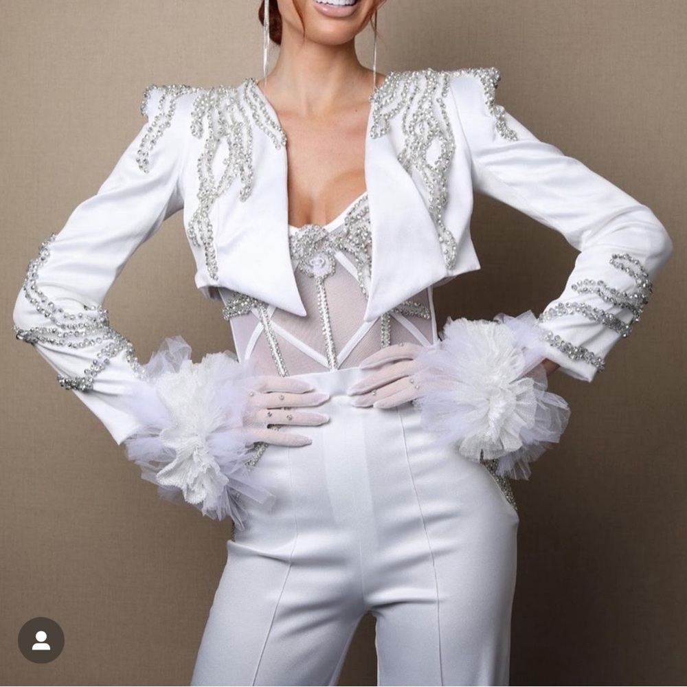 Custom Donna Matoshi rhinestone corset suit set